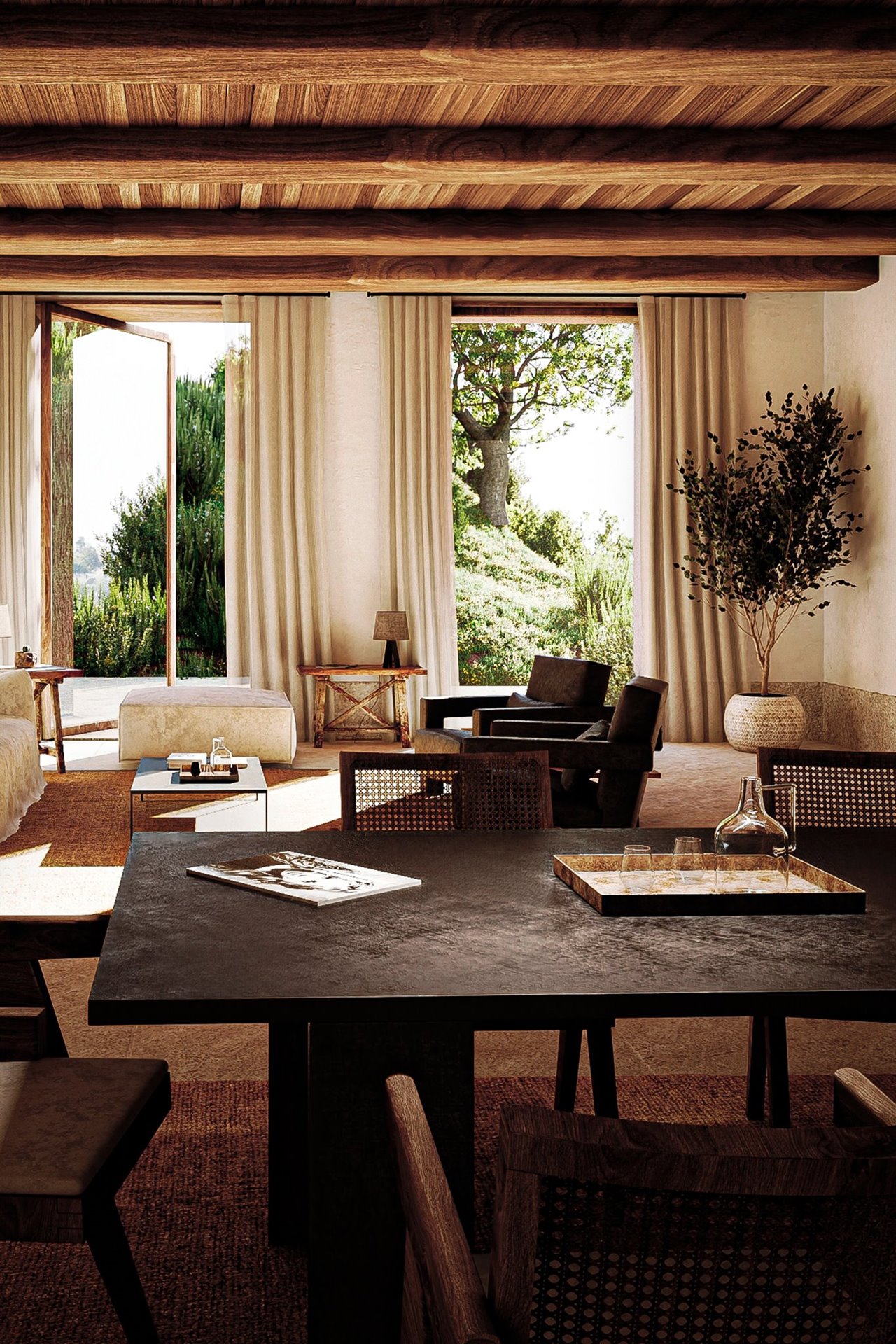 Dans cette pièce commune MRGO, les architectes ont divisé la salle à manger et le salon en utilisant des tapis comme séparateurs visuels, comme le conseille Burondo.